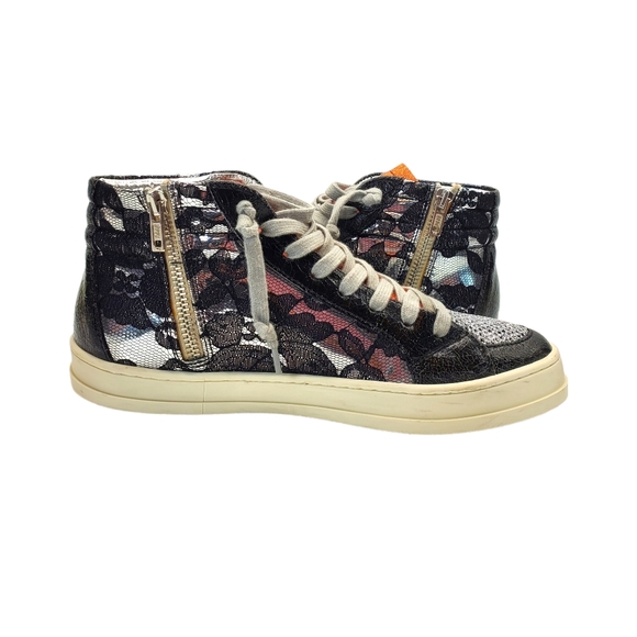 P448 Silver Leather and Black Lace Metallic Fashion High Tops - Picture 5 of 14